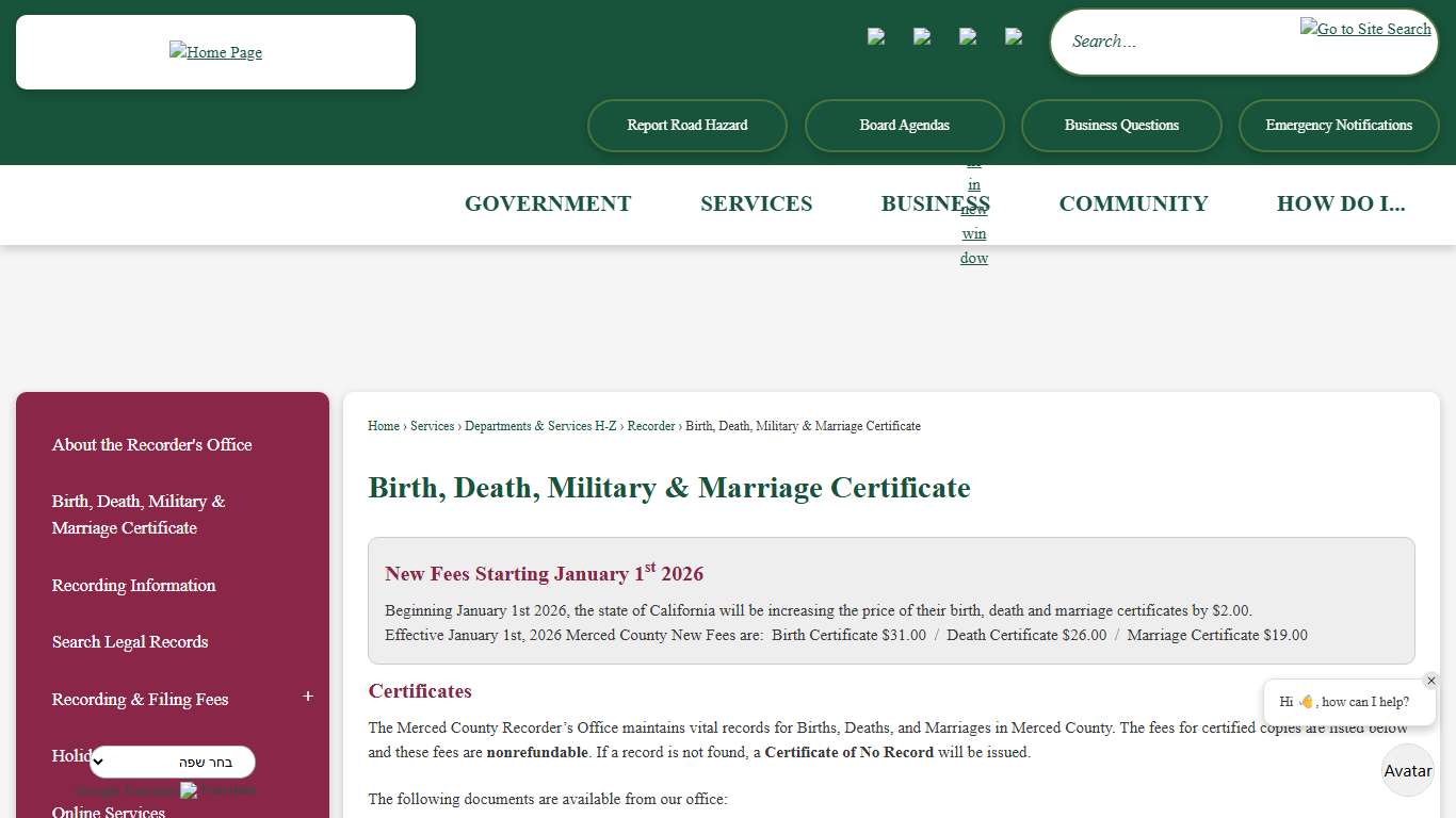 Birth, Death, Military & Marriage Certificate Merced County, CA - Official Website