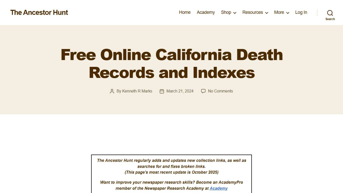 Free Online California Death Records and Indexes - The Ancestor Hunt